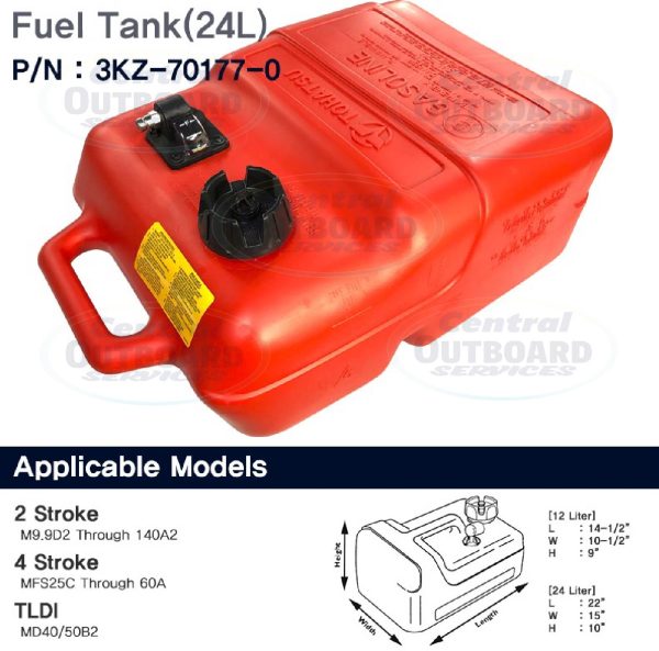 24 litre (6.6 US Gallon) fuel tank with tank-side connector & fuel gauge